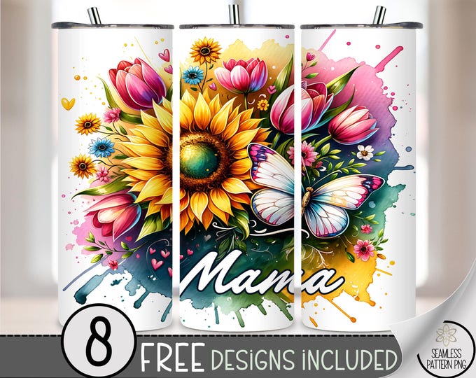 Sunflower Mama 20 oz PNG Tumbler Wrap, Floral Sublimation Design for Mother's Day, Tulips & Butterfly Skinny Tumbler Download A214