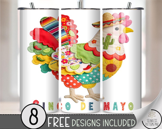 Cinco de Mayo Rooster 20 oz Tumbler Wrap, Festive Sublimation Design for Straight Tumblers, Playful PNG Files, Mexican Folk Art B10067