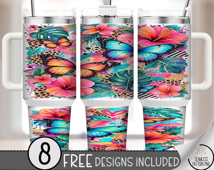 Tropical Butterfly 40oz Tumbler Wrap, Hibiscus Sublimation Design, Colorful Floral PNG Files, Digital Download, B10508