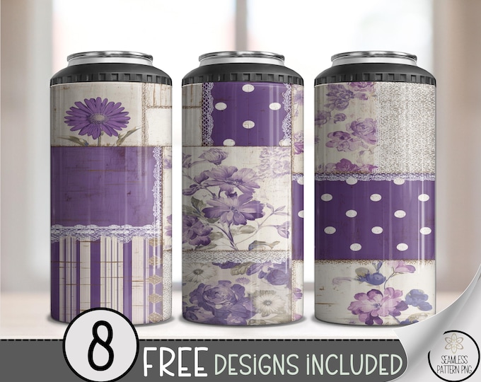 Purple Floral Patchwork 4-in-1 Can Cooler Wrap, Sublimation Design, Digital Download, B10497