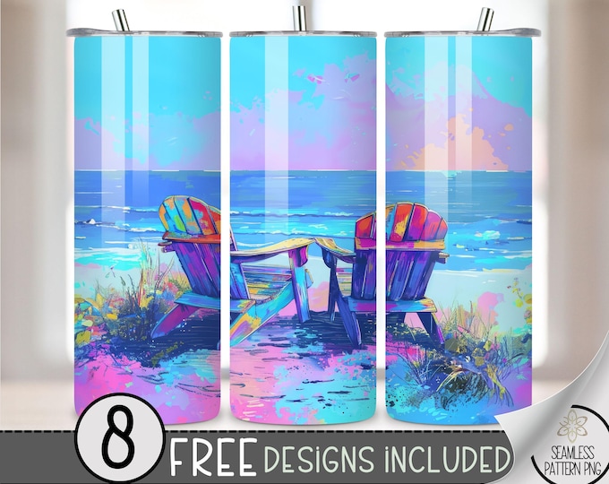 Neon Beach Tumbler Wrap PNG, Watercolor Vacation Tumbler Design Wrap PNG, Sublimation Tumbler Wrap, 20 Oz Straight Tumbler Digital Download