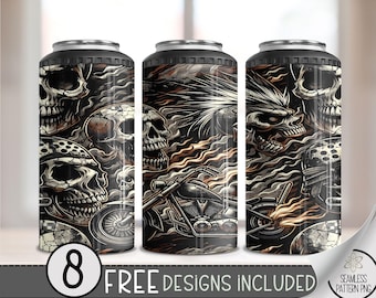 Motorcycle Can Cooler Wrap, Flaming Skull 16 oz 4-in-1 Cooler Sublimation, Biker Design File, Skeleton Can Cooler PNG Wrap, Ride Or Die