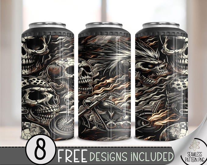 Motorcycle Can Cooler Wrap, Flaming Skull 16 oz 4-in-1 Cooler Sublimation, Biker Design File, Skeleton Can Cooler PNG Wrap, Ride Or Die