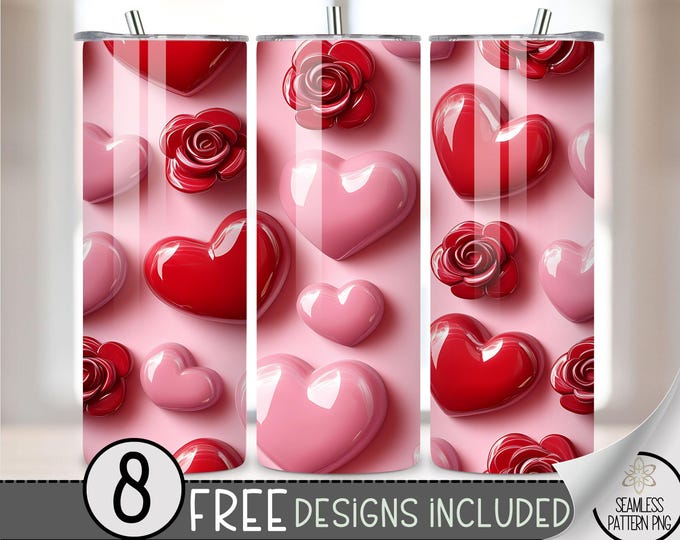 Seamless Valentine's Day Tumbler Wrap, Rose & Heart 20oz Skinny Tumbler Sublimation Design, Vday Love Tumbler Wrap File PNG Heart Pattern