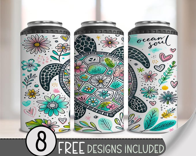Sea Turtle 4 in 1 Can Cooler Wrap, Tropical 4in1 Tumbler PNG, Colorful Beach PNG 16oz Sublimation Design, Beach Summer Can Wrap, A203