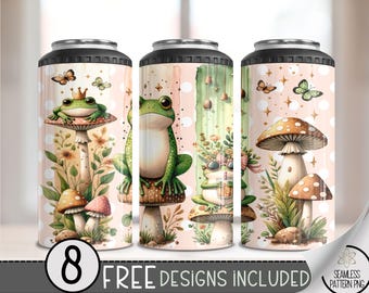 Cottagecore Mushroom Frogs 4in1 Can Cooler Wrap, Funny Frog 4 in 1 Tumbler Png,Iced Coffee Crown Frog & Butterflies Hard Can Cooler PNG, A72