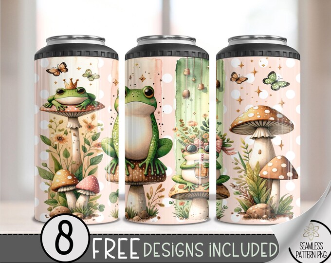 Cottagecore Mushroom Frogs 4in1 Can Cooler Wrap, Funny Frog 4 in 1 Tumbler Png,Iced Coffee Crown Frog & Butterflies Hard Can Cooler PNG, A72