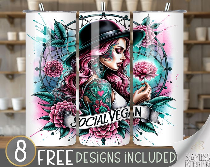 Social Vegan Women Tumbler Wrap, 20 oz skinny Tumbler Wrap Sublimation PNG, Skeleton Tumbler Wrap, Gothic Celestial Tumbler, Sassy Design