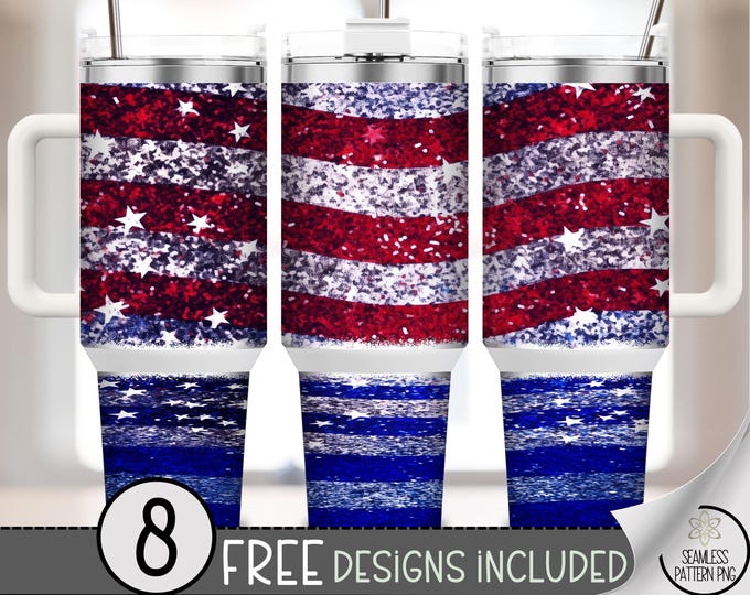 Patriotic Glitter 40 oz Tumbler Wrap PNG, Red White Blue Stars Sublimation, Fourth of July USA Flag Skinny Tumbler Design Sublimation A265
