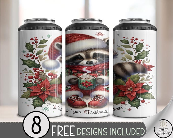 Santa Raccoon 4in1 Can Cooler Wrap, Christmas Raccoon Sublimation Design, Cute Xmas Raccoon Holiday PNG, Printable Digital File, A511