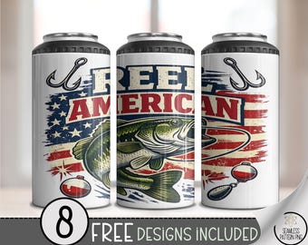 Reel American PNG Fishing Sublimation Design, Patriotic Bass 4-in-1 Can Cooler Wrap, Digital Download, B10041