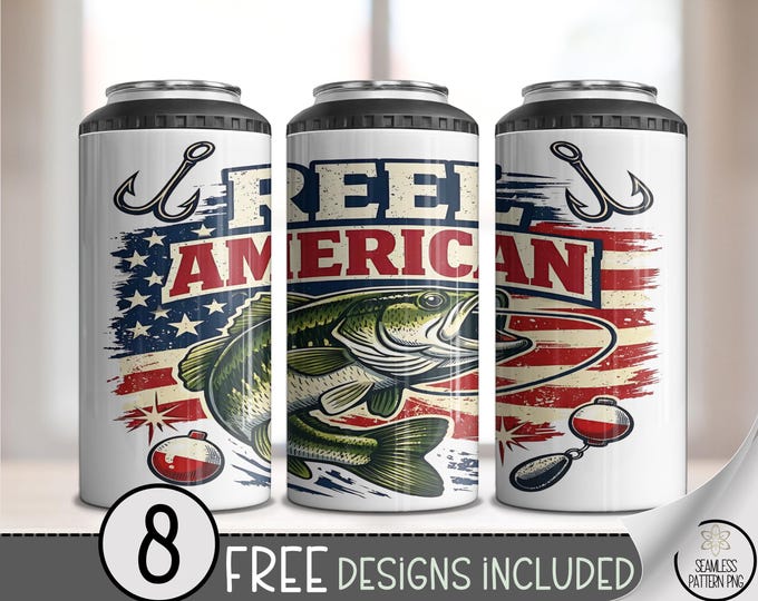 Reel American PNG Fishing Sublimation Design, Patriotic Bass 4-in-1 Can Cooler Wrap, Digital Download, B10041