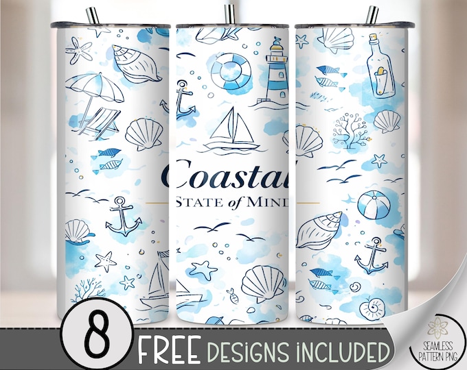 Coastal Nautical 20 oz Tumbler Wrap, Beachy Sublimation Design for Straight Tumblers, Light PNG Files, Digital Download, B10207