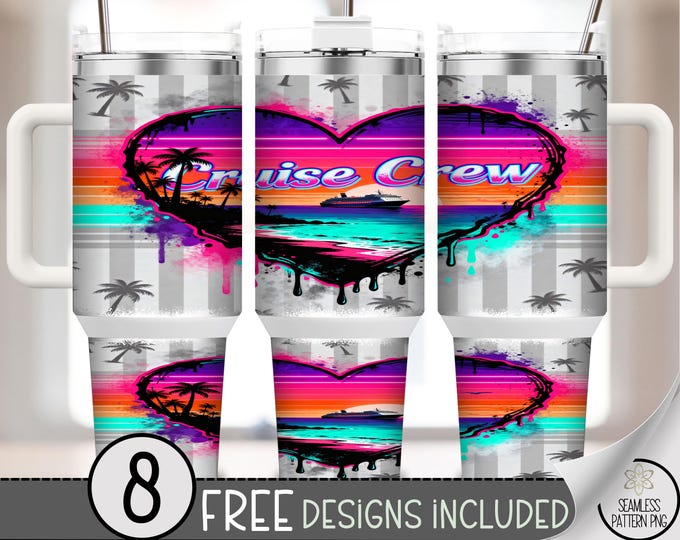 Cruise Crew PNG, 40 Oz Tumbler Wrap, Retro Neon Heart Sublimation Design, Tropical Summer, Digital Download, B10009