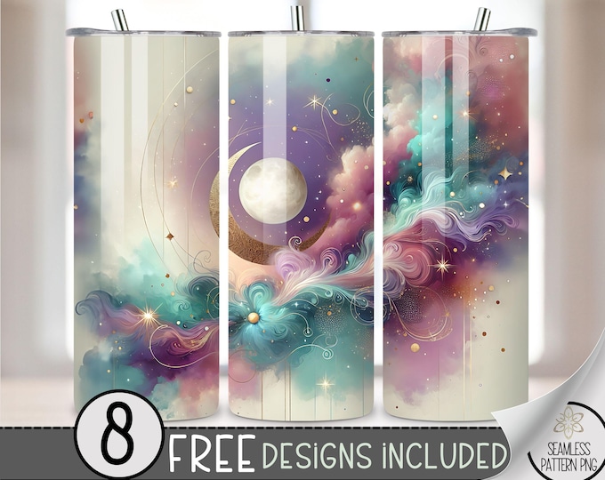 Moon Tumbler Wrap, Celestial 20oz Skinny Tumbler Sublimation Design, Stars & Sky Tumbler Wrap File, Boho Starry Galaxy Tumbler Wrap PNG, A7