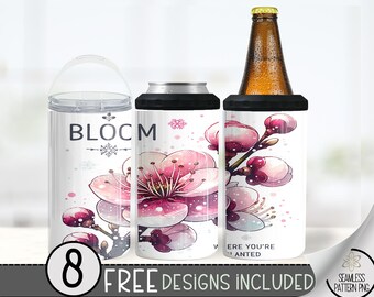 Cherry Blossom 4in1 Can Cooler Tumbler, Pink Flower 16oz Can Cooler Sublimation Design, Natural 4 in 1 Design Wrap, Floral Inspirational PNG