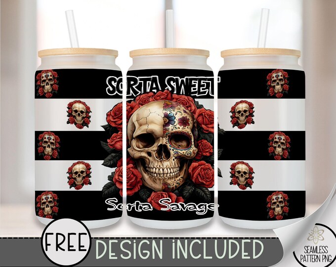 Skull Libbey Glass Wrap, Roses Skull 16 Oz Glass Can Wrap PNG, Gothic Glass Tumbler Wrap, Red Roses Glass Can Sublimation Wrap Design, A141
