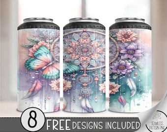 Boho Butterfly 4 in 1 Can Cooler Wrap, Cute Dreamcatcher 4in1 Tumbler PNG, Floral Pastel Flower 16 Oz Can Cooler Sublimation Design File