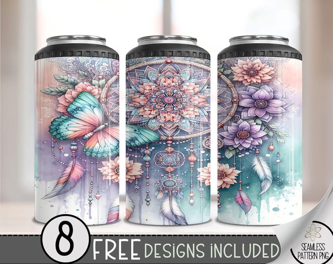 Boho Butterfly 4 in 1 Can Cooler Wrap, Cute Dreamcatcher 4in1 Tumbler PNG, Floral Pastel Flower 16 Oz Can Cooler Sublimation Design File