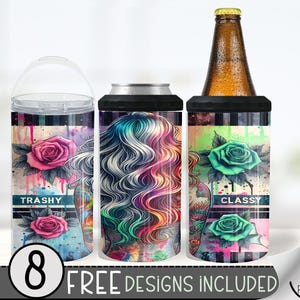 Seamless Trashy Classy Can Cooler Wrap, Funny 16 oz 4-in-1 Cooler Sublimation, Tattoo Girl 16Oz Tumbler File, Neon Can Cooler Design PNG