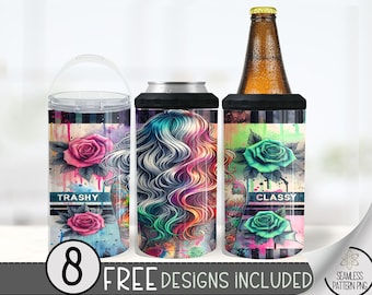 Seamless Trashy Classy Can Cooler Wrap, Funny 16 oz 4-in-1 Cooler Sublimation, Tattoo Girl 16Oz Tumbler File, Neon Can Cooler Design PNG