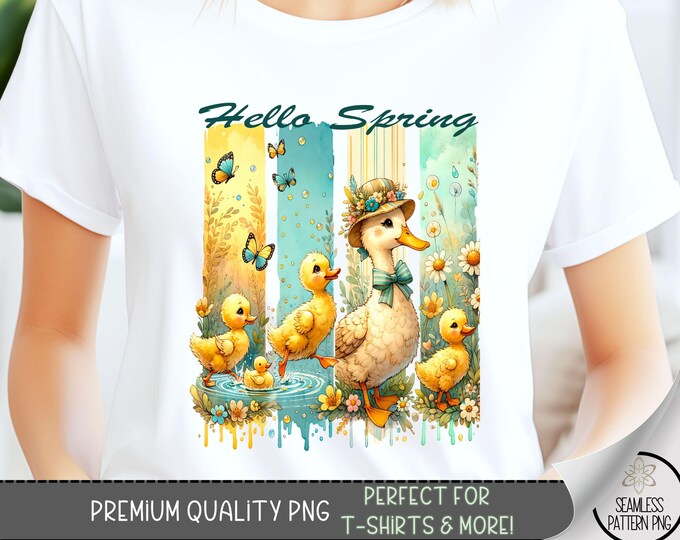 Hello Spring T-Shirt Design, Spring Flowers PNG, Cute Ducks Sweatshirt PNG, Colorful Spring Art, Spring Sublimation Designs for Shirts A161