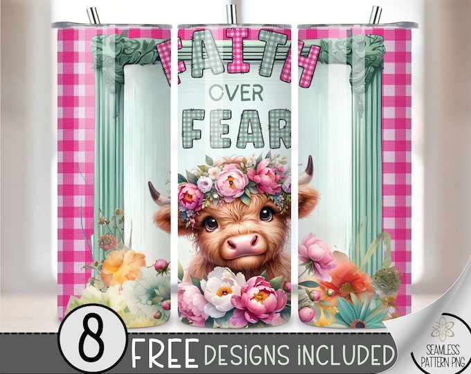 Faith Over Fear 20oz Skinny Tumbler Sublimation, Religious Christian Tumbler Design, Highland Cow Bible Tumbler Wrap PNG Digital Download