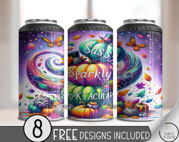Colorful Halloween Can Cooler Wrap, Sparkly Spooky Spooktacular Designs, 4 in 1 Thanksgiving Beverage Sleeve, Printable Can PNG, A449