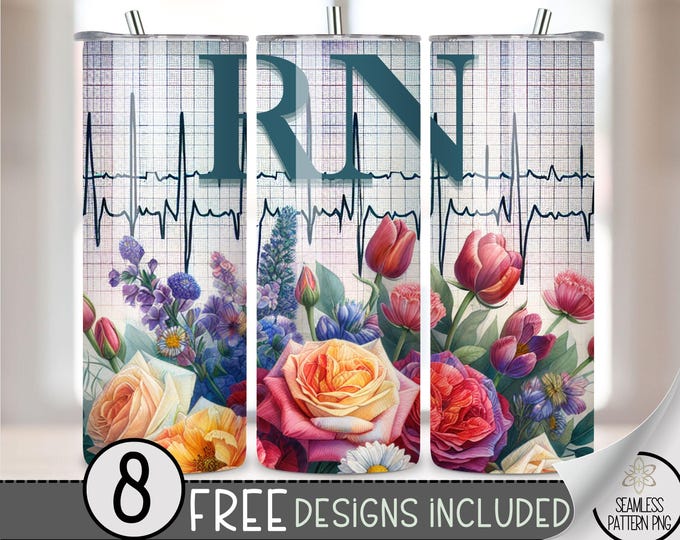 Floral RN Tumbler Wrap PNG, Registered Nurse Heartbeat Design, EKG Tumbler Wrap Design, Nurse Sublimation Tumbler Design, Unique Nurse File
