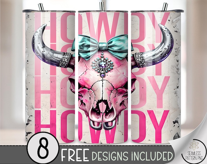 Rustic Howdy Skull Printable Tumbler Wrap, Boho Western Decor, Pink Cow Skull Art, Country Style Instant Download, Unique Western A413