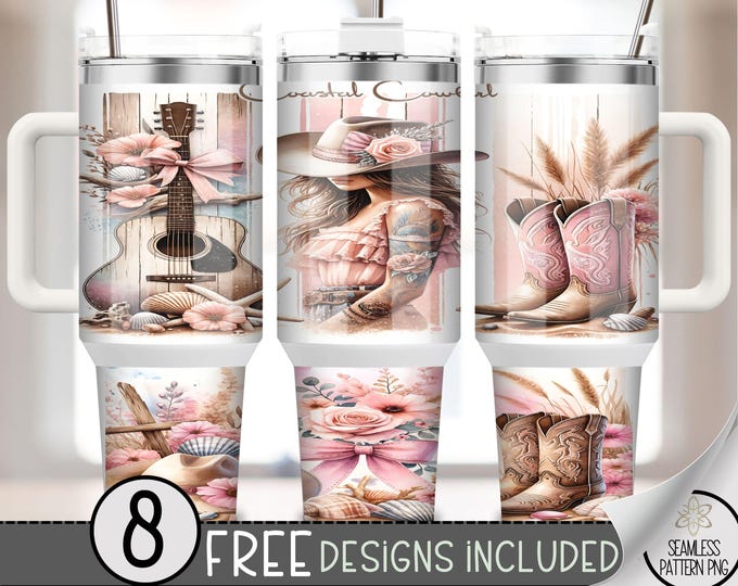 Coastal Cowgirl 40oz Tumbler Wrap, Cowgirl Tumbler Sublimation Design, Western 40oz Quencher Tumbler Wrap PNG,Beach Cowgirl Boots File, A154