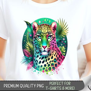 Glitter Leopard T-Shirt PNG, Cheetah Graphic Tee Design,Animal-themed Tshirt PNG,Neon Jungle Sublimation Design, 80&#39;s Florescent PNG A111