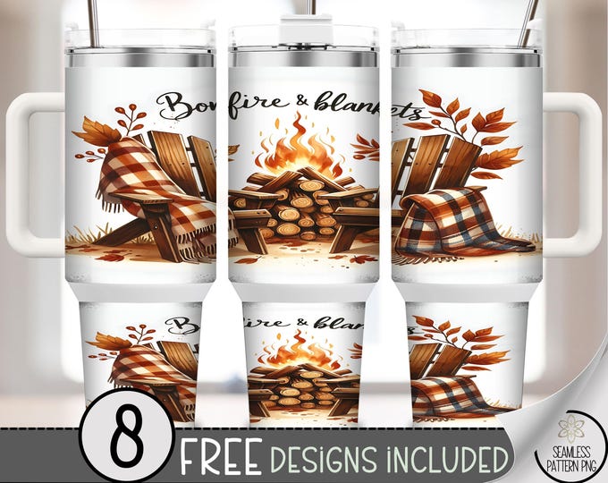 Bonfire and Blankets 40 oz Tumbler Wrap PNG, Cozy Fall Theme, Digital Download for Sublimation, A649