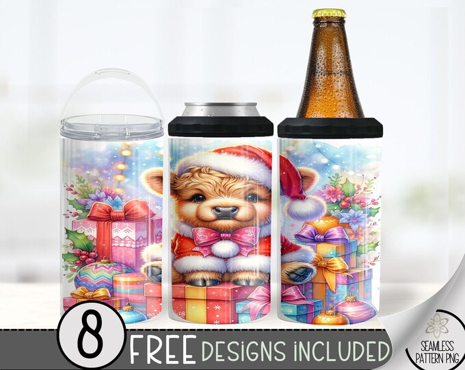 Christmas Highland Cow Can Cooler Wrap, Xmas 16 oz 4-in-1 Cooler Sublimation, Santa Claus Cow 16Oz Tumbler File, Presents Design File PNG