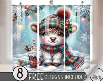 Christmas Highland Cow Tumbler Wrap, 20oz Skinny Tumbler Design PNG Highland Cow Sublimation Design for Christmas, Seamless Winter Cocoa PNG
