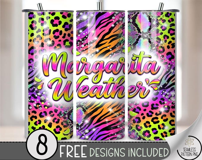 Margarita Weather 20 oz Tumbler Wrap, Seamless Leopard Sublimation Design for Straight Tumblers, Retro Summer PNG Files, B10082