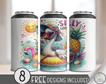 Silly Goose 4 in 1 Lattina Portabottiglie PNG, Design Flamingo Estivo Piscina 4 in 1, Lattina e Bottiglia Slim da 470 ml con Divertente Oca per Sublimazione A270