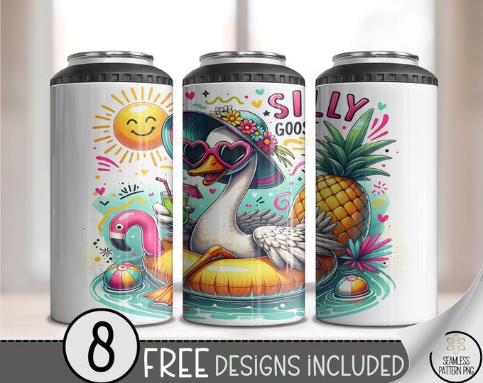 Silly Goose 4 in 1 Can Cooler Wrap PNG, 4-In-1 Summer Pool Flamingo Design, 16 oz Funny Goose Sublimation Wrap for Slim Cans & Bottles A270