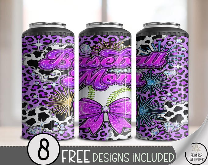 Baseball Mom 4-in-1 Can Cooler Wrap, Sporty Glam Sublimation Design, Sparkly Rhinestone & Glitter 16 oz 4-in-1, Digital Download, B10094