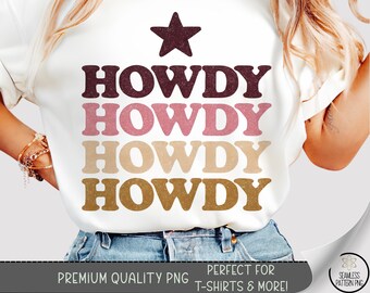 Howdy Shirt PNG, Retro Cowgirl Star Clipart, Western Glitter Design for T-Shirts, Pink and Gold Rodeo Shirt Transfer PNG, Sparkle Star A288