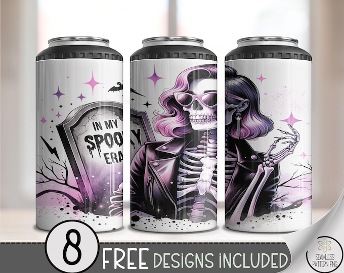4-in-1 Tumbler Wrap In My Spooky Era PNG, Pink Skeleton Halloween Can Cooler Design, Glam Goth Sublimation Wrap, Fall Tumbler PNG, A390