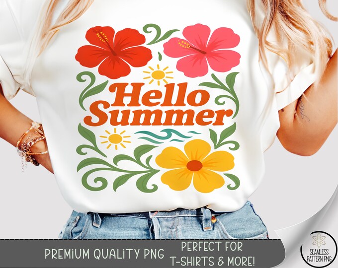 Hello Summer Shirt PNG, Tropical Retro Floral Graphic for Dtf, Uv DTF Sublimation T-shirts, Bold Sunshine Design for Summer Wear, A246