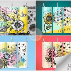 Floral Zentangle-bundel, 20 oz rechte beker wrap sublimatie PNG, aquarel zonnebloem Rose Bee Tumbler ontwerpbestanden direct downloaden