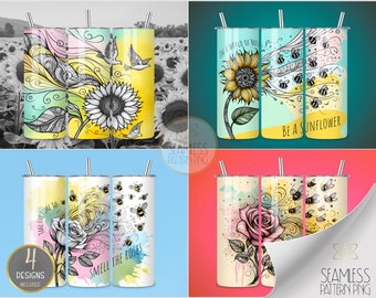 Floral Zentangle Bundle, 20 oz Straight Tumbler Wrap Sublimation PNG, Watercolor Sunflower Rose Bee Tumbler Design Files Instant Download