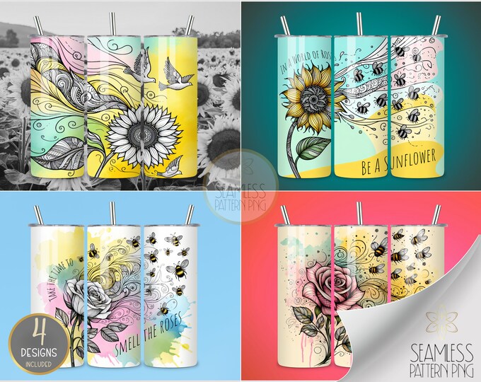 Floral Zentangle Bundle, 20 oz Straight Tumbler Wrap Sublimation PNG, Watercolor Sunflower Rose Bee Tumbler Design Files Instant Download