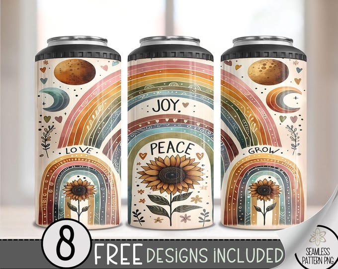 Sunflower Boho Positive Affirmation 4 in 1 Can Cooler Wrap, Rainbow 4in1 Tumbler PNG, Love Grow 16 Oz Can Cooler Sublimation Design, A188