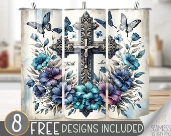 Floral Christian Cross Tumbler Wrap, Cross Sublimation Design PNG, Religious Tumbler Wrap Design, Religious 20oz Skinny Tumbler,Faith Design
