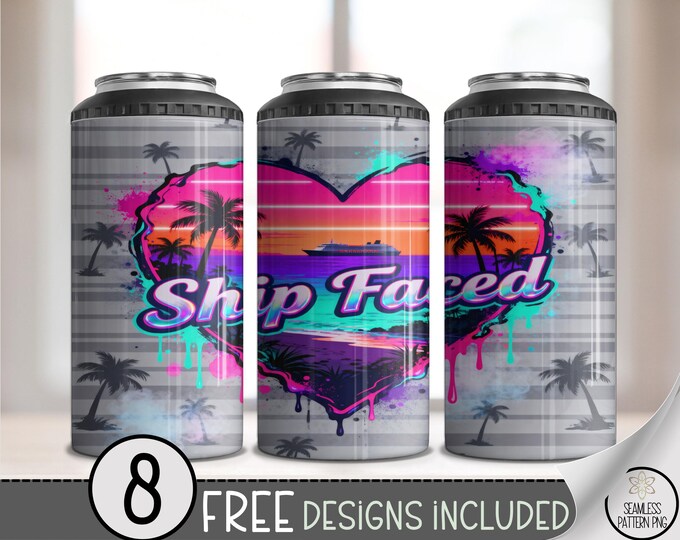 Ship Faced 4in1 Can Cooler Wrap, Tropical Sunset Sublimation Design, Funny Retro 80s Neon Party, Beachy 16 oz 4-in-1 File B10043