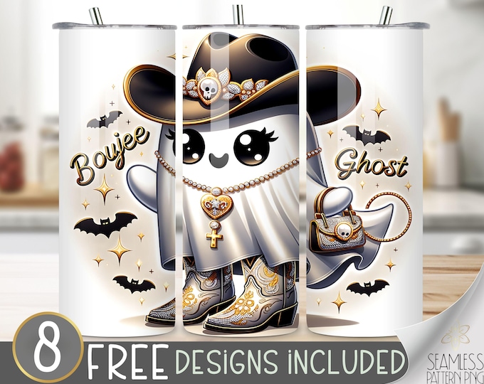 Western Boujee Ghost Tumbler Wrap PNG, Cowgirl Hat Halloween 20oz Skinny Tumbler Sublimation, Spooky Season Tumbler, Halloween Western Boots