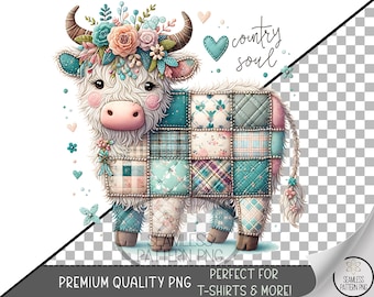 Patchwork Cow Sublimation Design, Country Floral UV DTF Graphic, Pastel Farmhouse Clip Art, Quilted Cow Printable PNG, A498